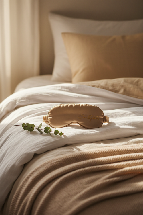 Aldera DreamEase Sleep Mask on white bedding with eucalyptus