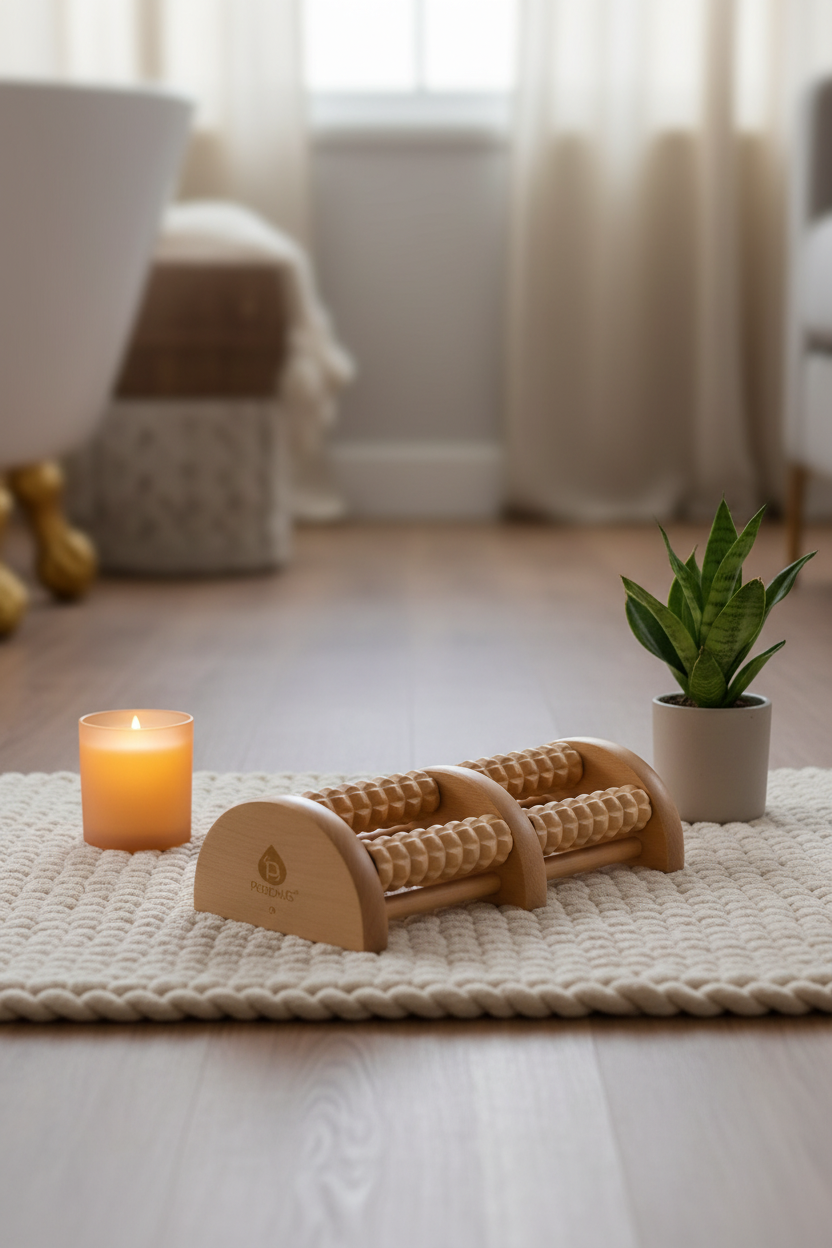 Aldera ReliefRoll Foot Massager on a soft bath mat with candle and plant nearby