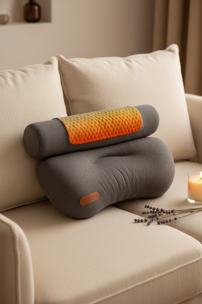 Aldera Restore Heated Neck Pillow on a cozy cream sofa with lavender and candle