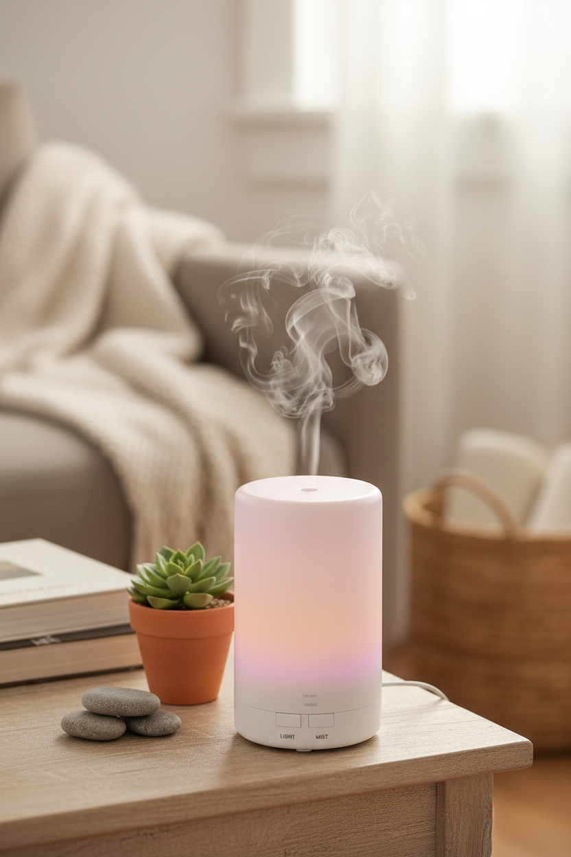 Aldera CalmMist Diffuser on wooden shelf with mist rising, plant and stones nearby