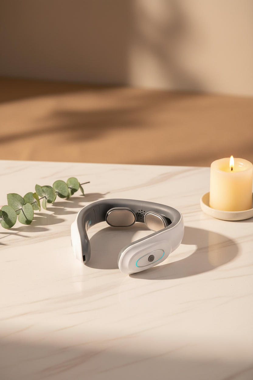 Aldera ReliefPulse Neck Massager on marble surface with eucalyptus and candle