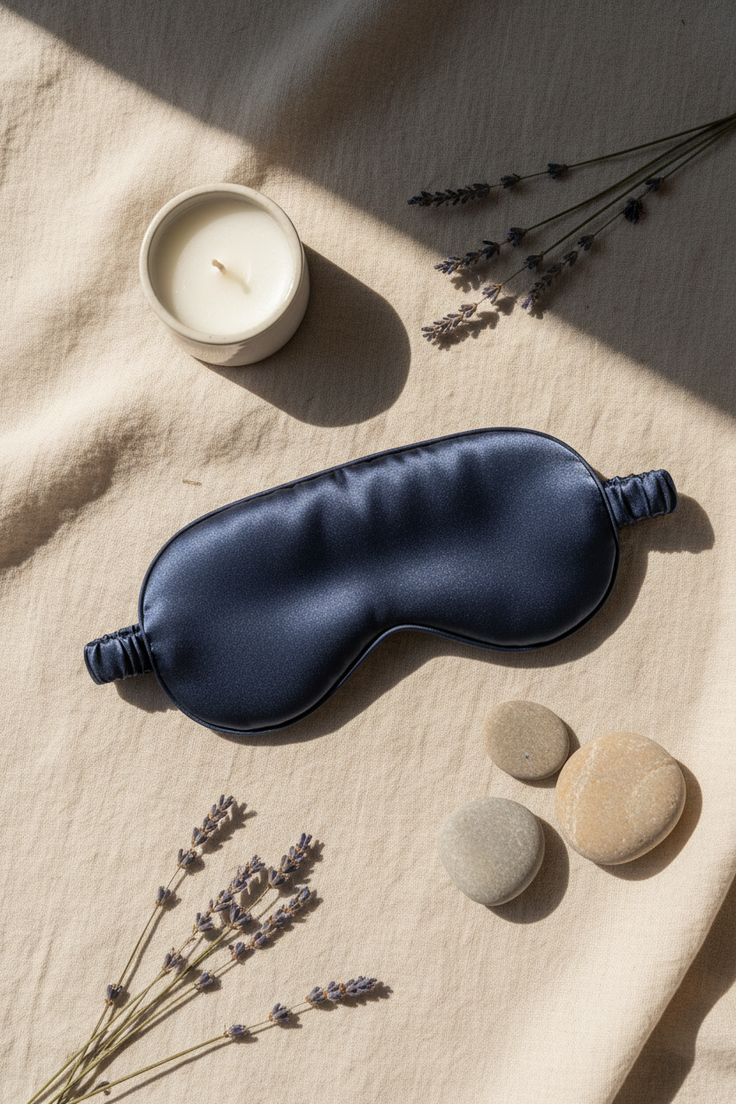Aldera DreamEase Sleep Mask on cream linen with lavender and candle