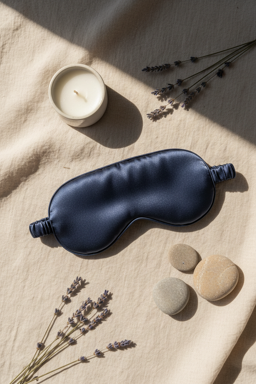 Aldera DreamEase Sleep Mask on cream linen with lavender and candle