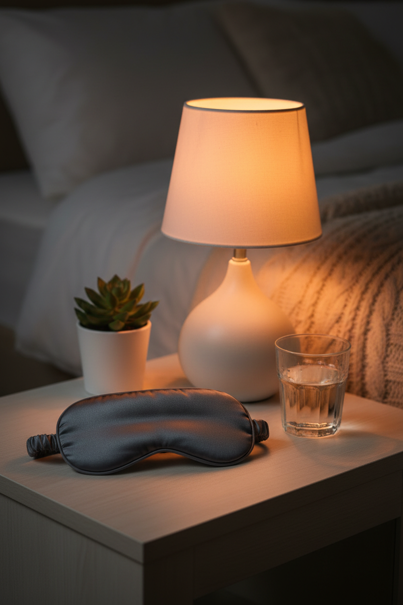 Aldera DreamEase Sleep Mask on bedside table with warm lamp