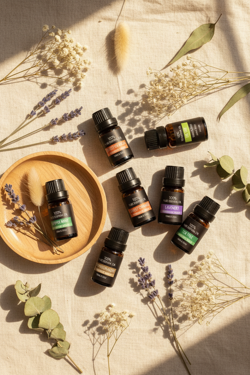 Aldera ComfortCore Essential Oils flat lay on cream linen with dried botanicals and wooden tray